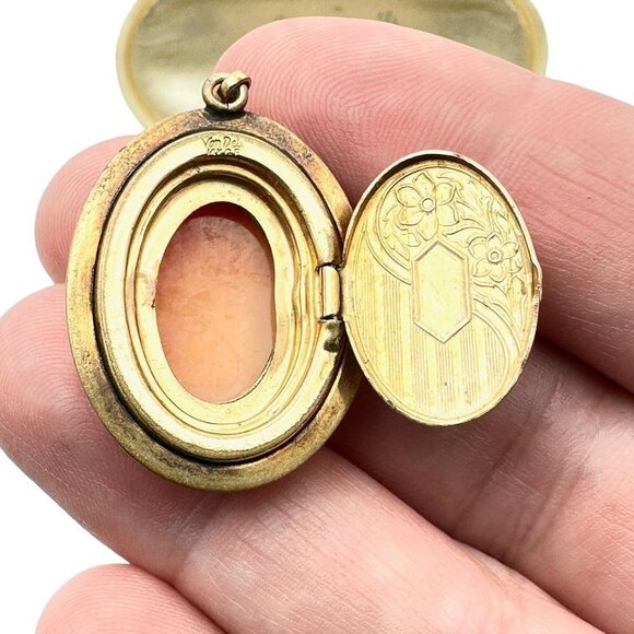 Vintage Van Dell Womens Locket Shell Cameo Pendant Flowers 14K Gold Filled - Picture 5 of 5